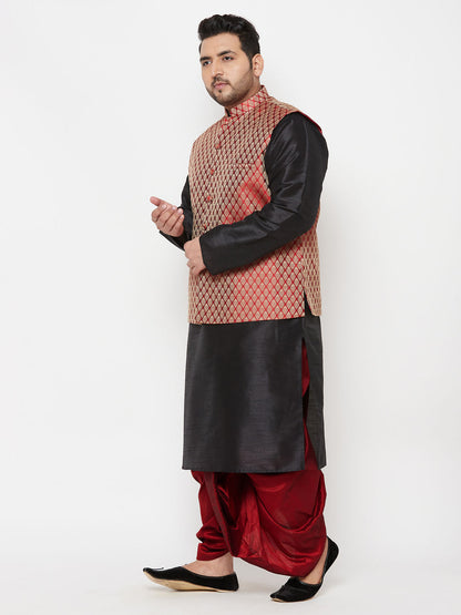 Vastramay plus mens maroon nehru jacket with black kurta and maroon dhoti set