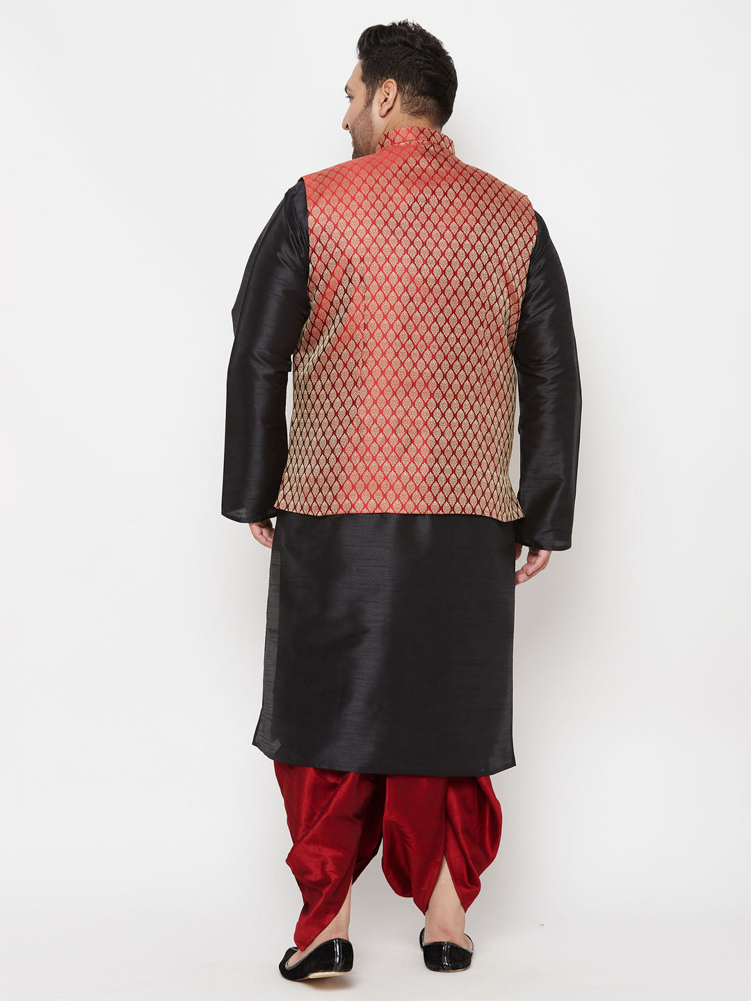 Vastramay plus mens maroon nehru jacket with black kurta and maroon dhoti set