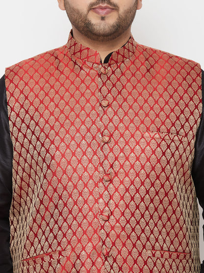 Vastramay plus mens maroon nehru jacket with black kurta and maroon dhoti set