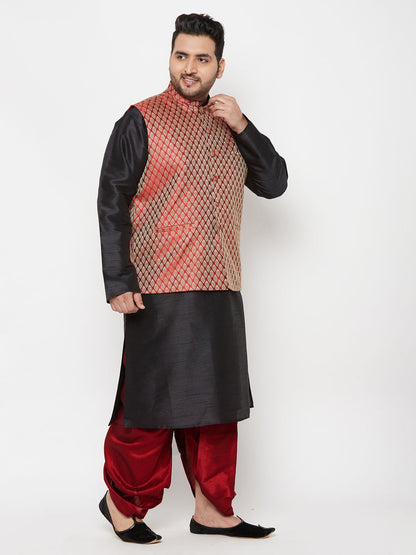 Vastramay plus mens maroon nehru jacket with black kurta and maroon dhoti set