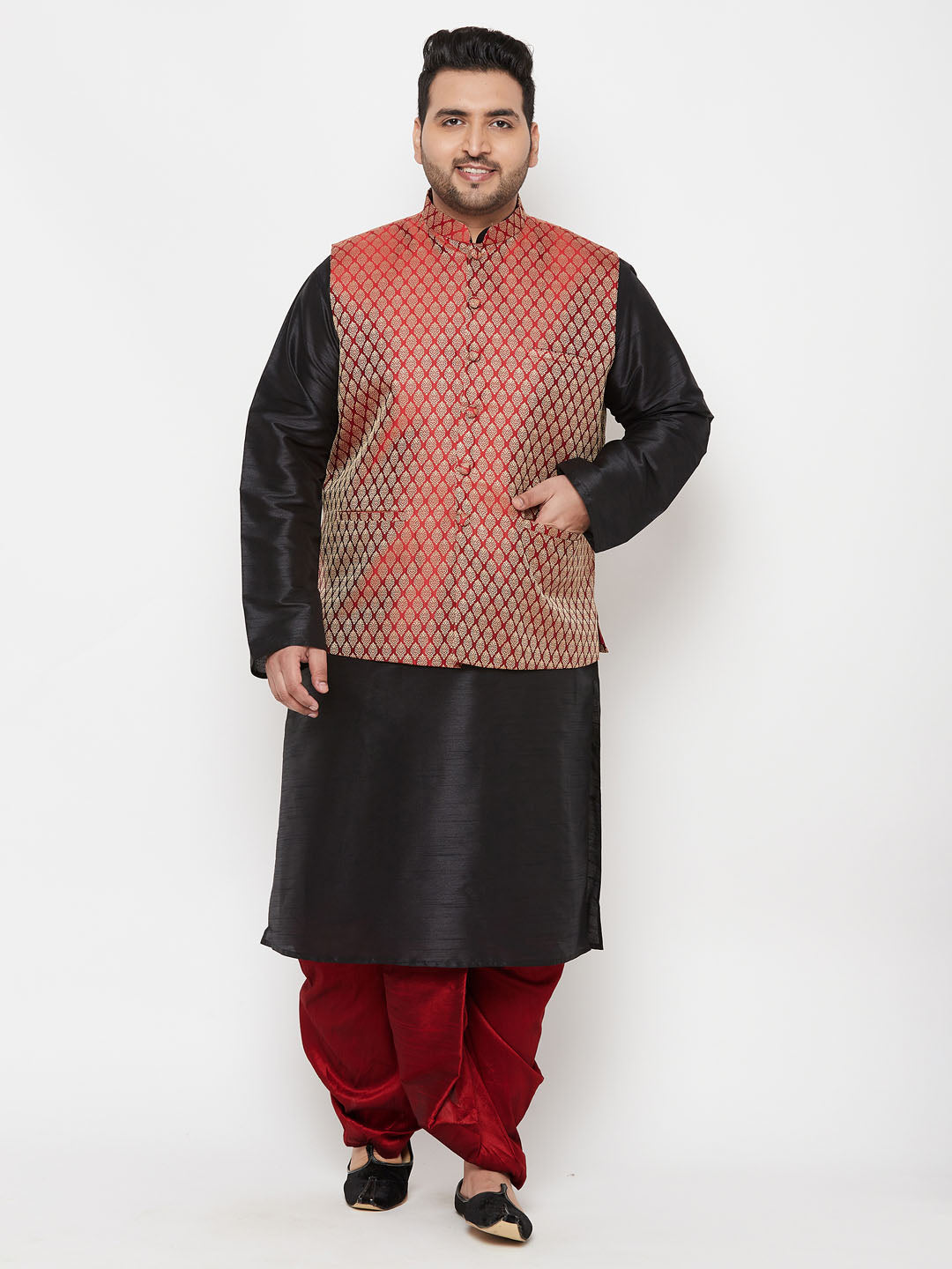 Vastramay PLUS Men's Maroon Nehru Jacket With Black Kurta And Maroon Dhoti Set