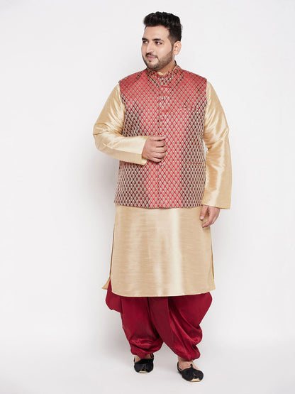 Vastramay plus mens maroon nehru jacket with gold kurta and maroon dhoti set