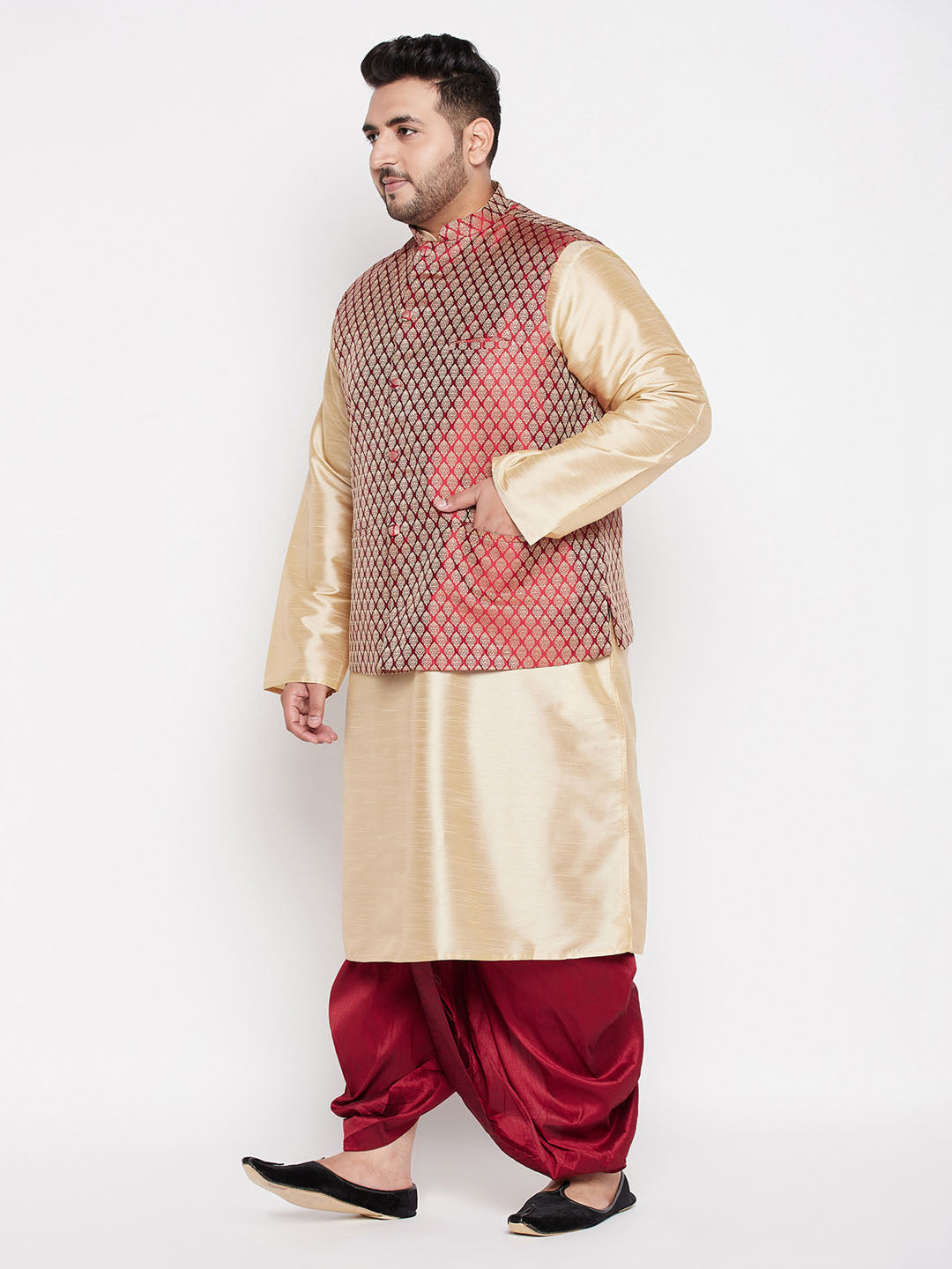 Vastramay plus mens maroon nehru jacket with gold kurta and maroon dhoti set