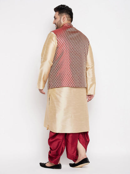 Vastramay plus mens maroon nehru jacket with gold kurta and maroon dhoti set