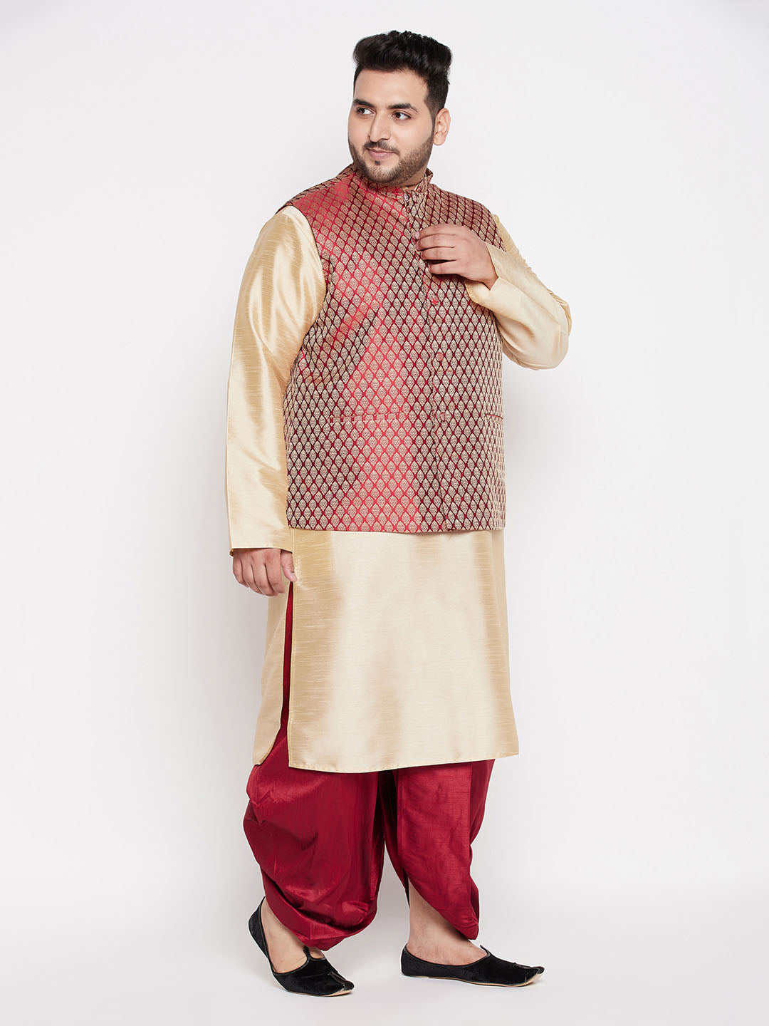 Vastramay plus mens maroon nehru jacket with gold kurta and maroon dhoti set