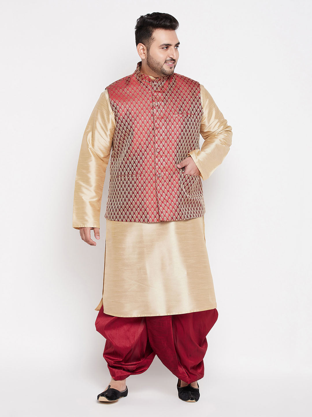 Vastramay PLUS Men's Maroon Nehru Jacket With Gold Kurta And Maroon Dhoti Set