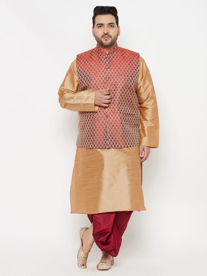 Vastramay plus mens maroon nehru jacket with rose gold kurta and dhoti set 1