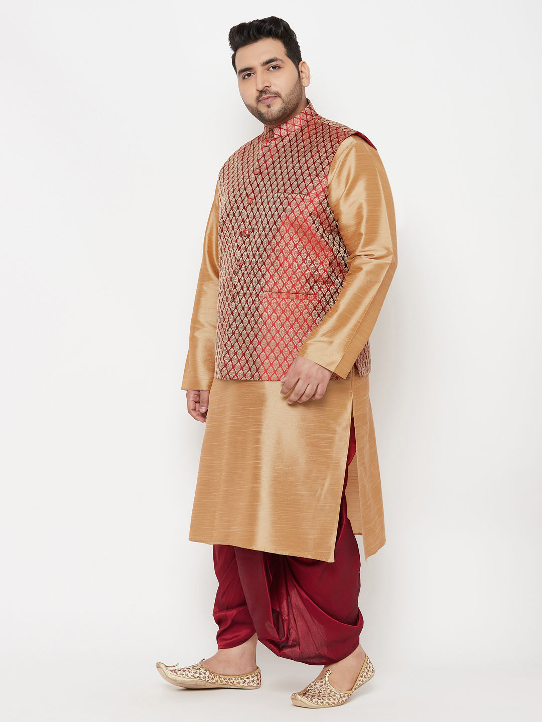 Vastramay plus mens maroon nehru jacket with rose gold kurta and dhoti set 1