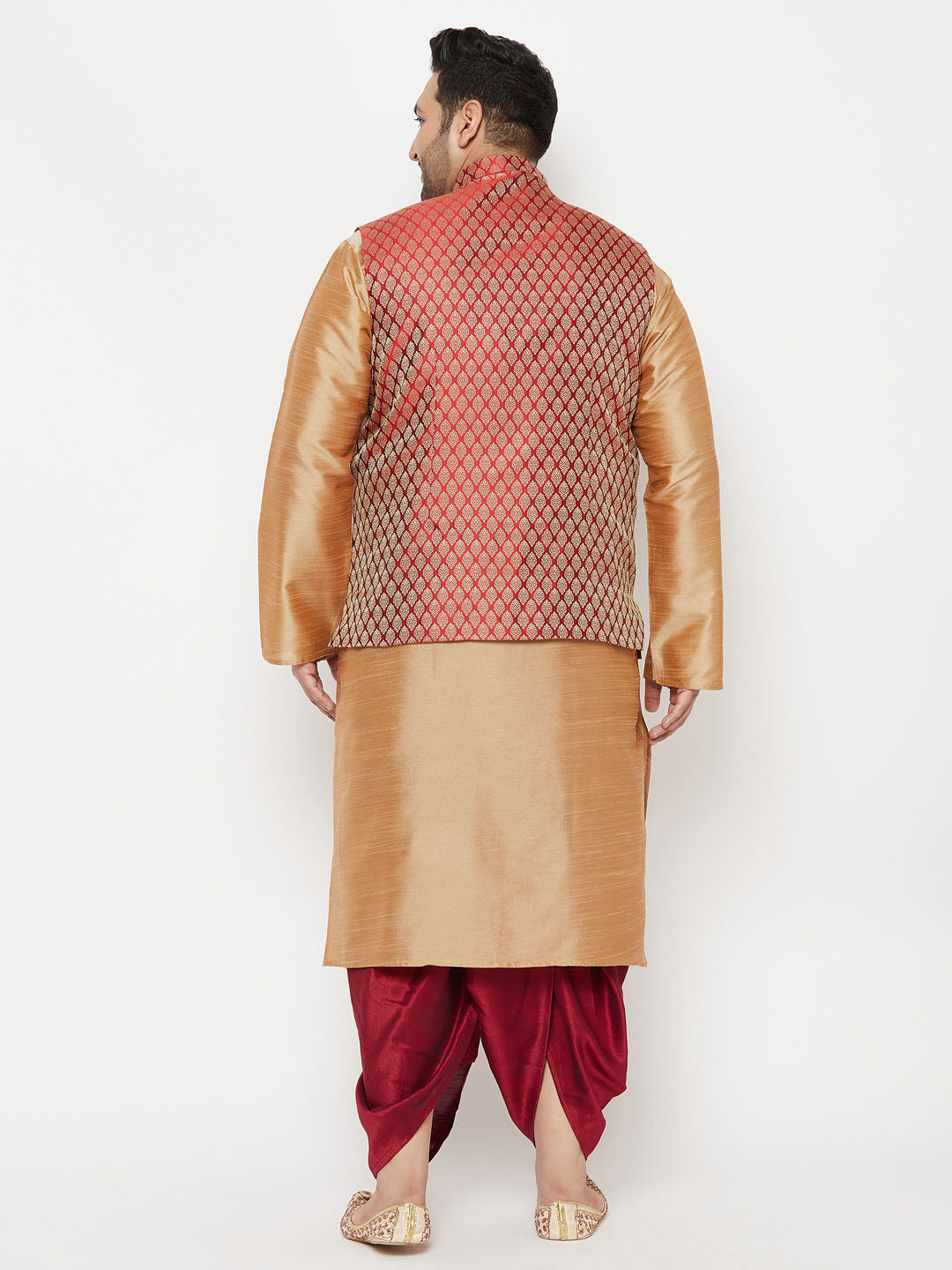 Vastramay plus mens maroon nehru jacket with rose gold kurta and dhoti set 1