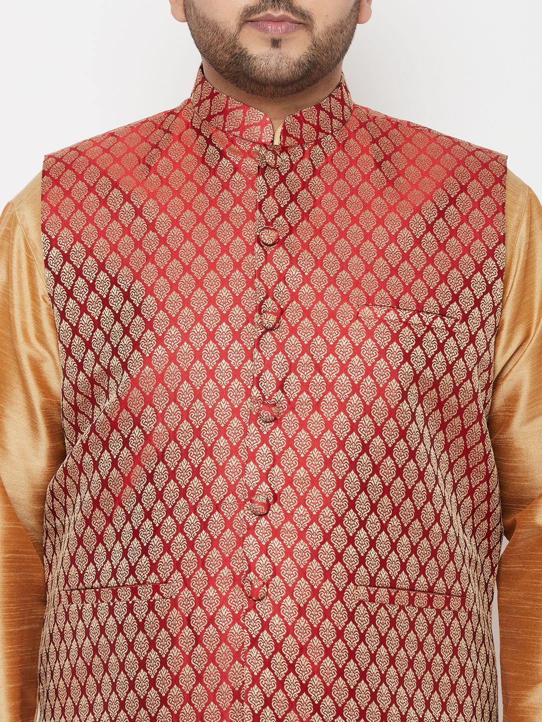 Vastramay plus mens maroon nehru jacket with rose gold kurta and dhoti set 1