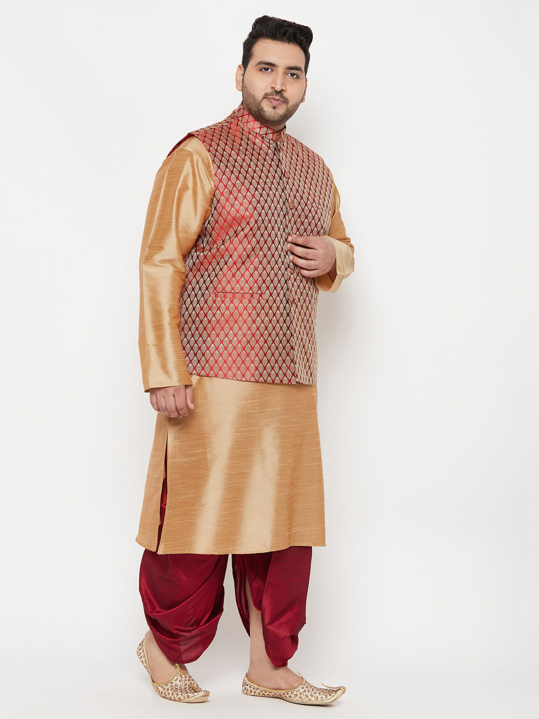 Vastramay plus mens maroon nehru jacket with rose gold kurta and dhoti set 1