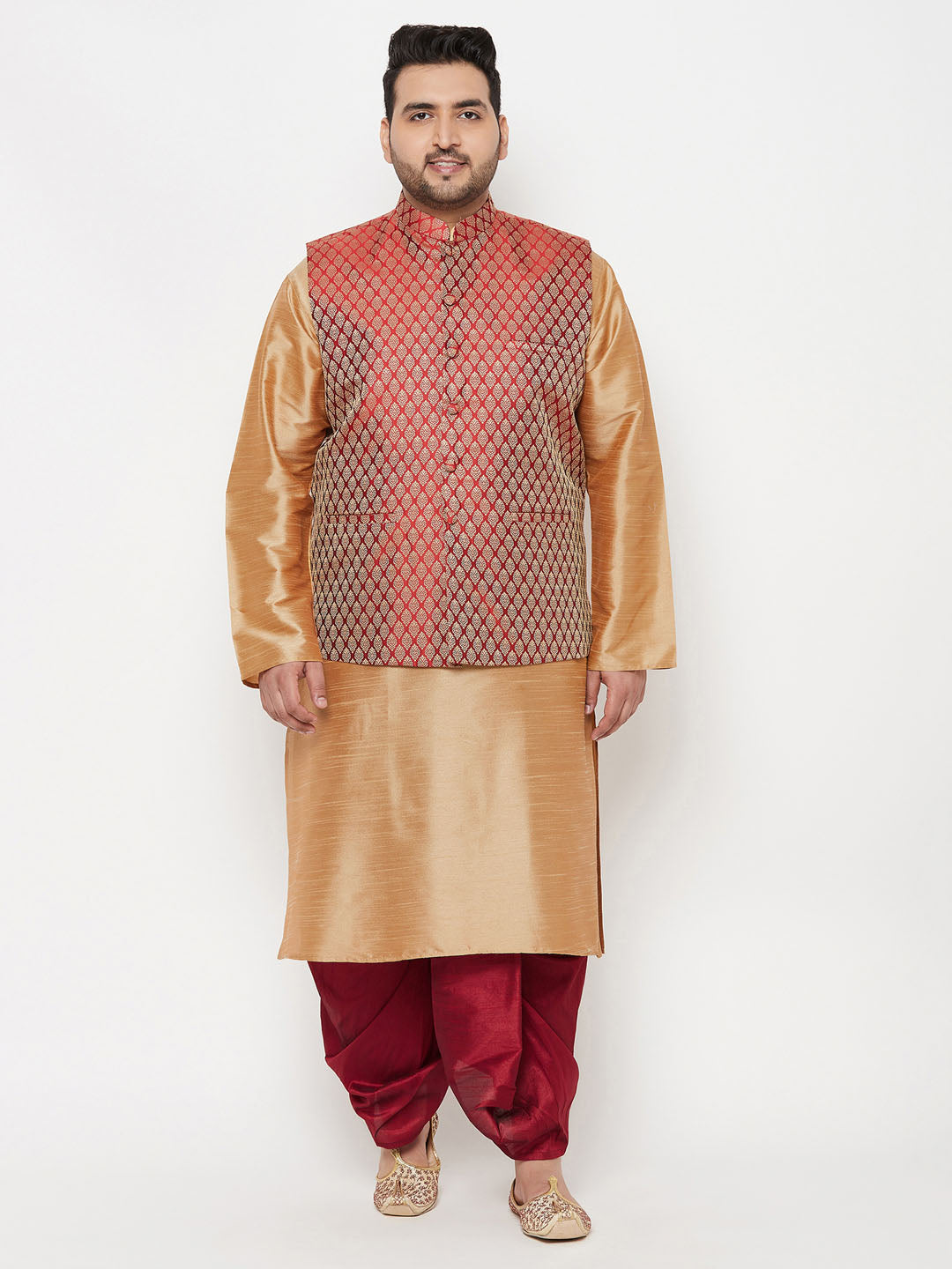 Vastramay PLUS Men's Maroon Nehru Jacket With Rose Gold Kurta And Maroon Dhoti Set