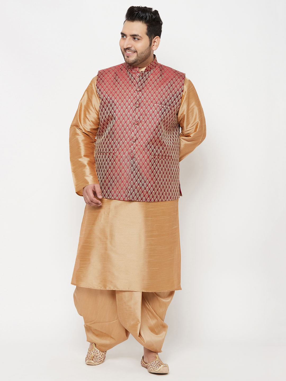 Vastramay plus mens maroon nehru jacket with rose gold kurta and dhoti set