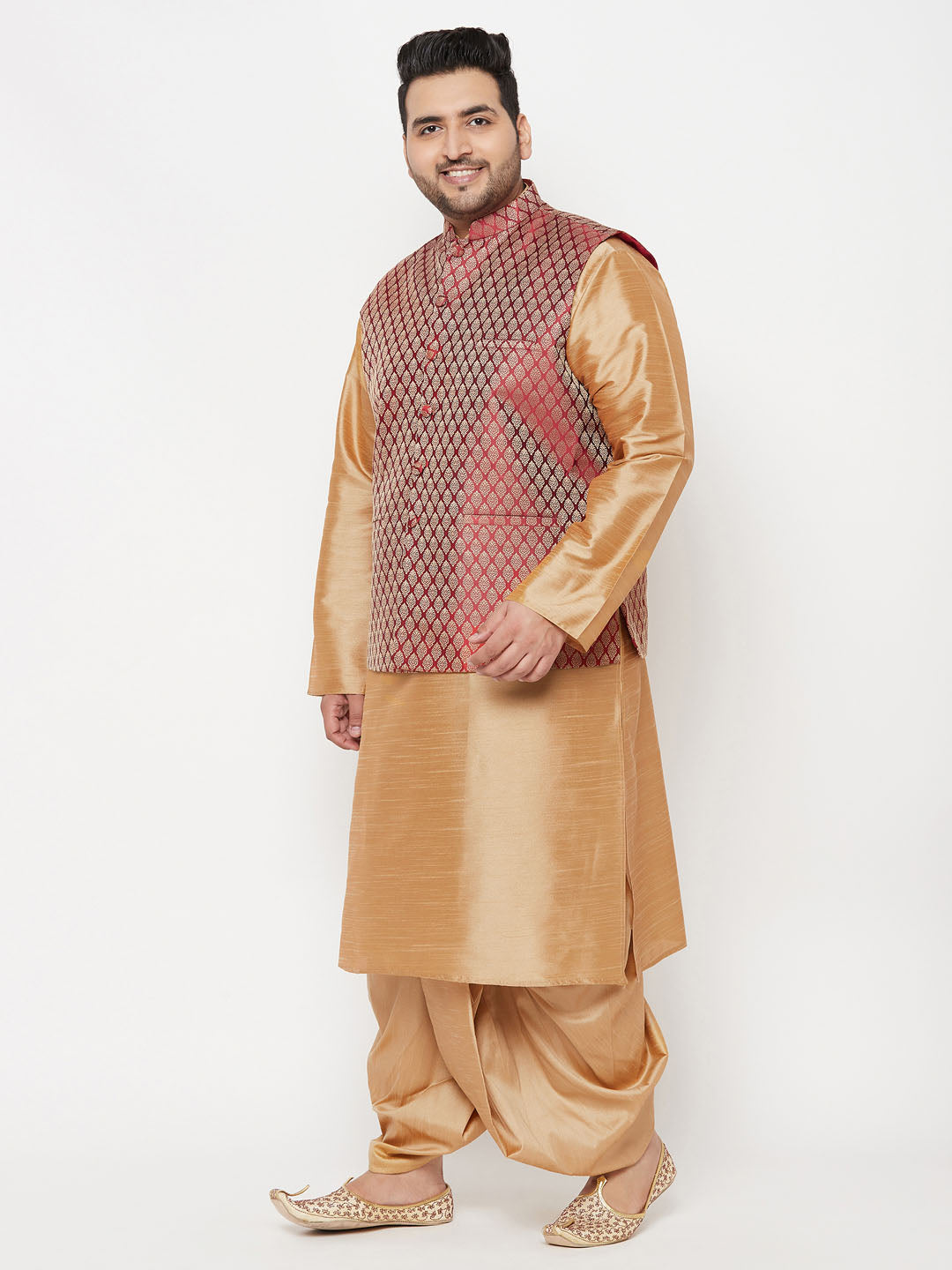 Vastramay plus mens maroon nehru jacket with rose gold kurta and dhoti set