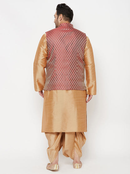 Vastramay plus mens maroon nehru jacket with rose gold kurta and dhoti set