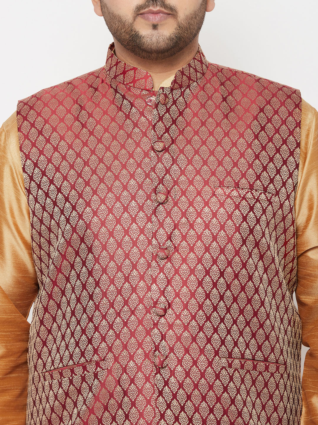 Vastramay plus mens maroon nehru jacket with rose gold kurta and dhoti set