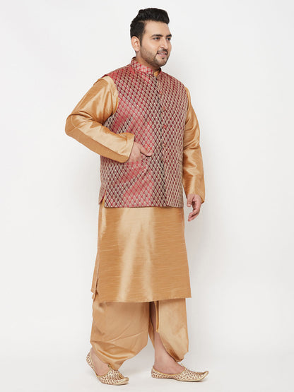 Vastramay plus mens maroon nehru jacket with rose gold kurta and dhoti set