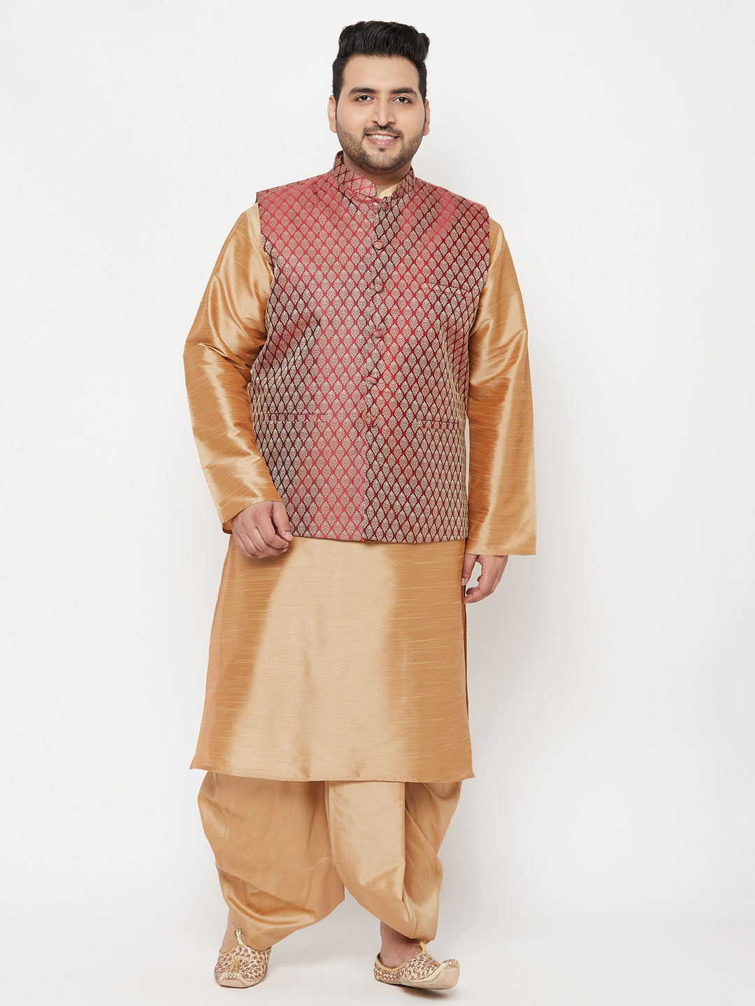 Vastramay PLUS Men's Maroon Nehru Jacket With Rose Gold Kurta And Dhoti Set