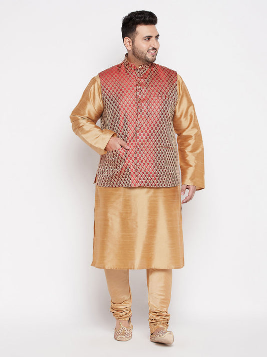 Vastramay plus mens maroon nehru jacket with rose gold kurta and pyjama set