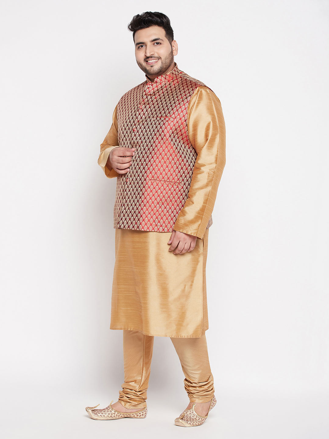 Vastramay plus mens maroon nehru jacket with rose gold kurta and pyjama set