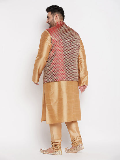 Vastramay plus mens maroon nehru jacket with rose gold kurta and pyjama set