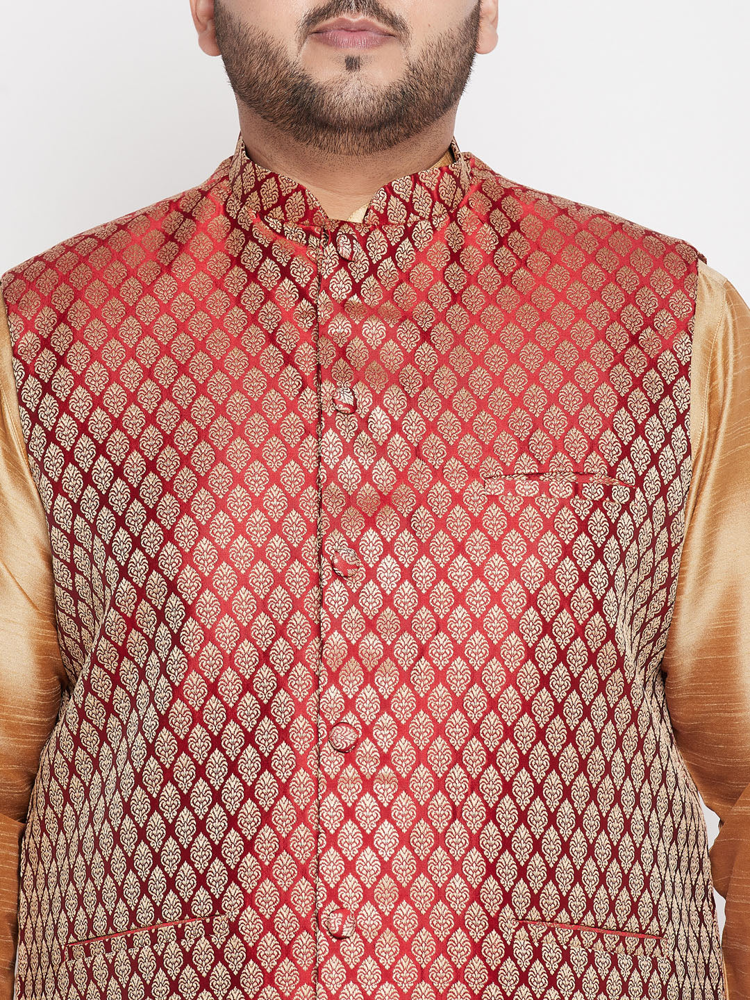 Vastramay plus mens maroon nehru jacket with rose gold kurta and pyjama set