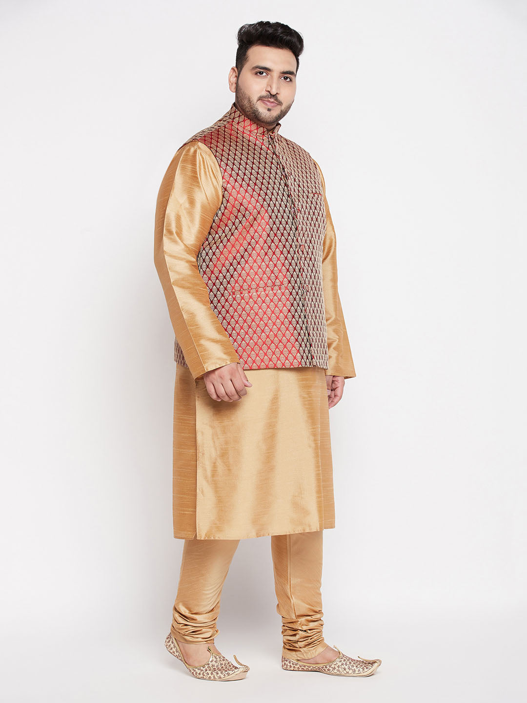 Vastramay plus mens maroon nehru jacket with rose gold kurta and pyjama set