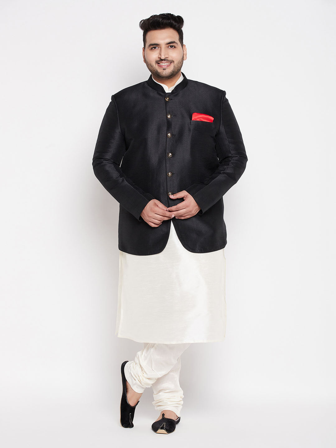 Vastramay plus size mens black silk blend jodhpuri with cream kurta pyjama set