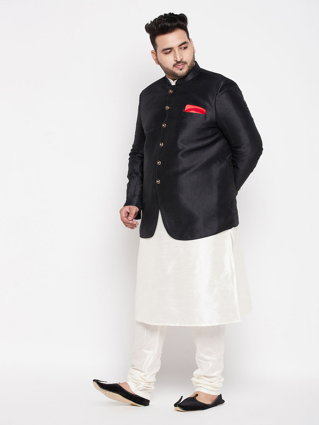 Vastramay plus size mens black silk blend jodhpuri with cream kurta pyjama set