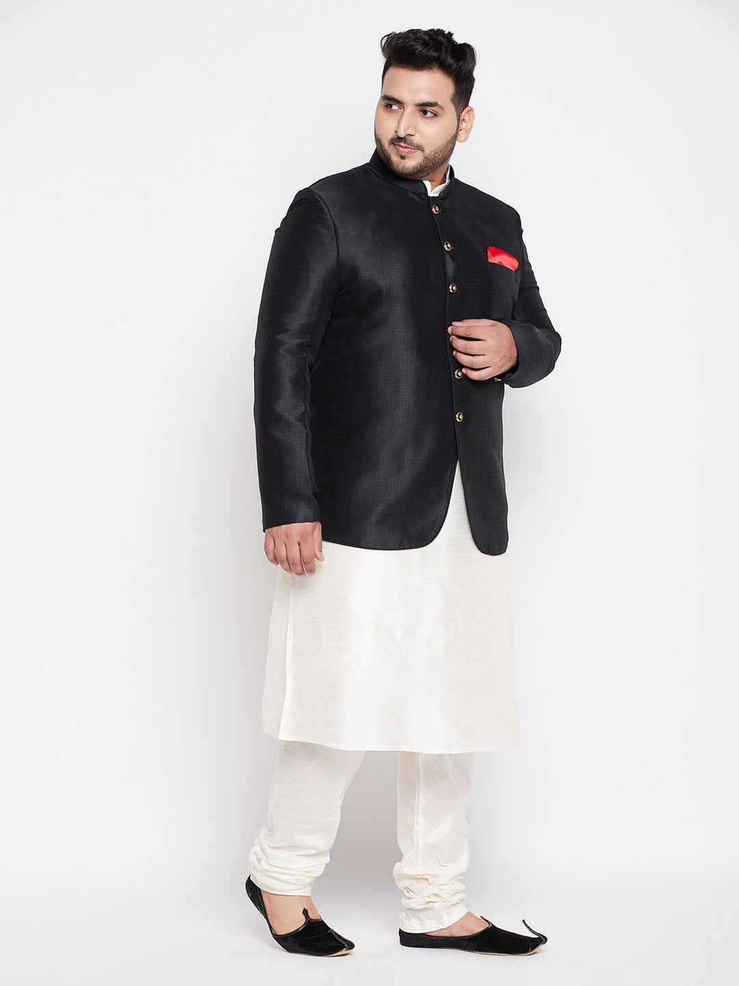 Vastramay plus size mens black silk blend jodhpuri with cream kurta pyjama set