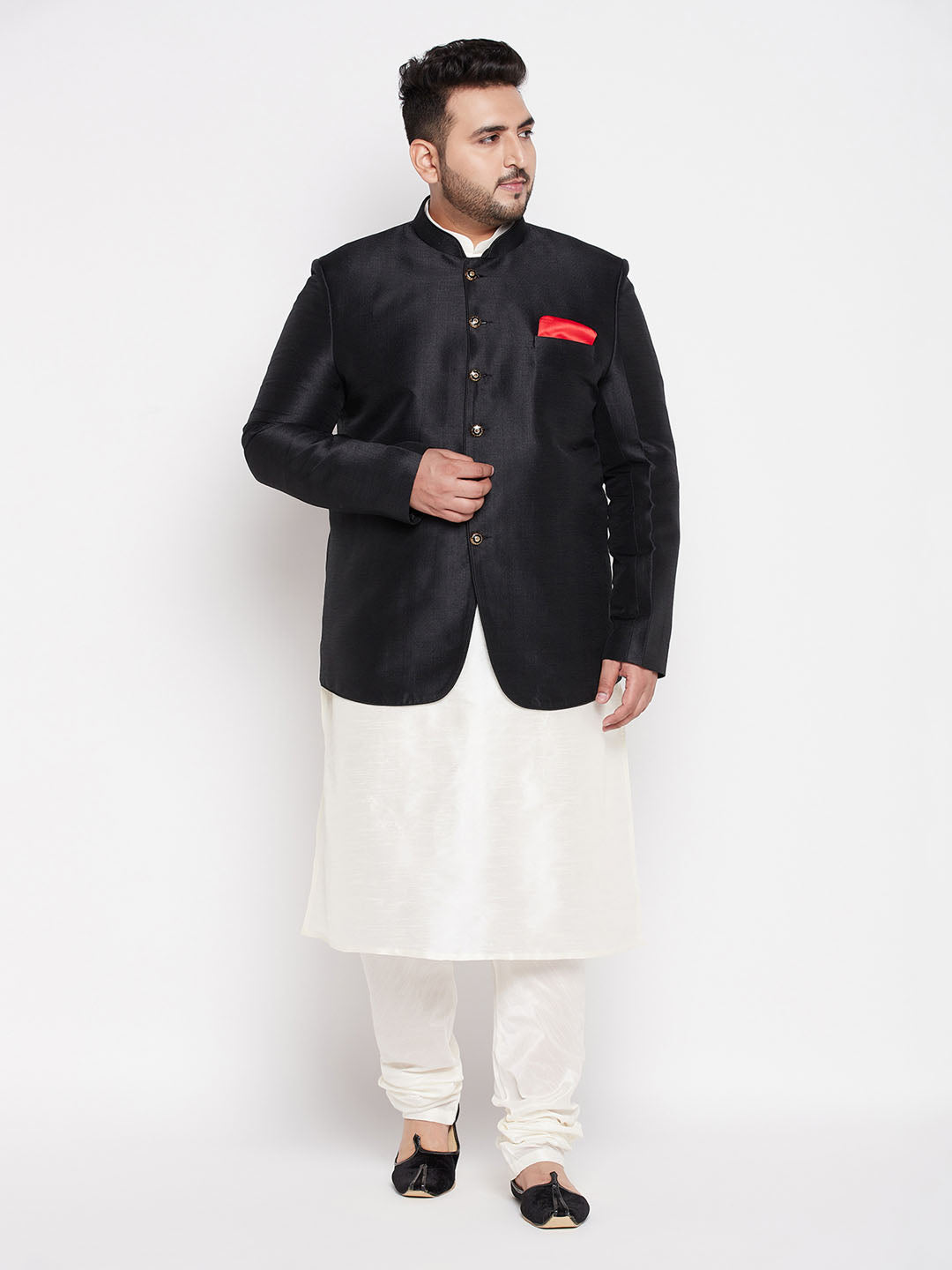 Vastramay plus size mens black silk blend jodhpuri with cream kurta pyjama set