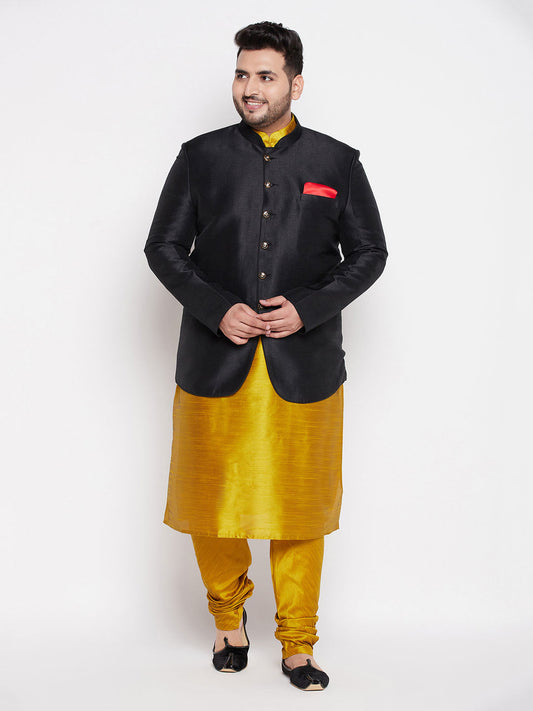 Vastramay plus size mens black silk blend jodhpuri with mustard kurta pyjama set