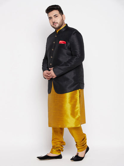 Vastramay plus size mens black silk blend jodhpuri with mustard kurta pyjama set