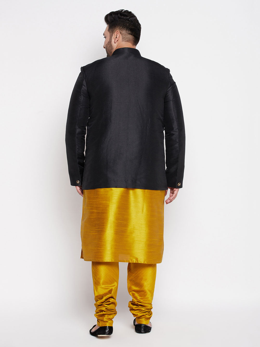 Vastramay plus size mens black silk blend jodhpuri with mustard kurta pyjama set