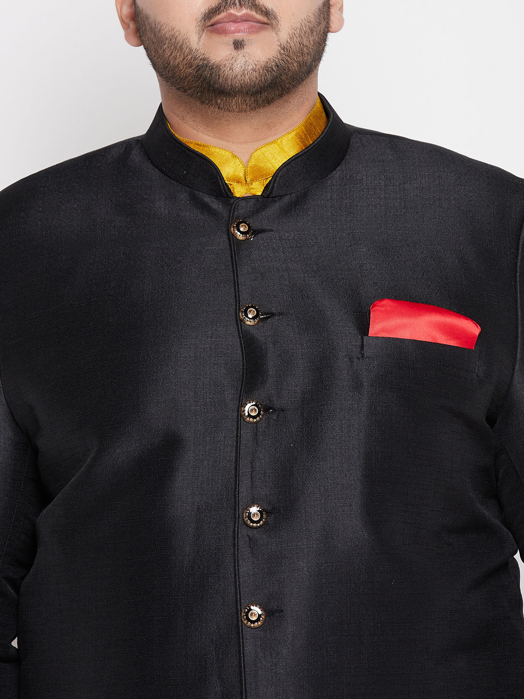 Vastramay plus size mens black silk blend jodhpuri with mustard kurta pyjama set