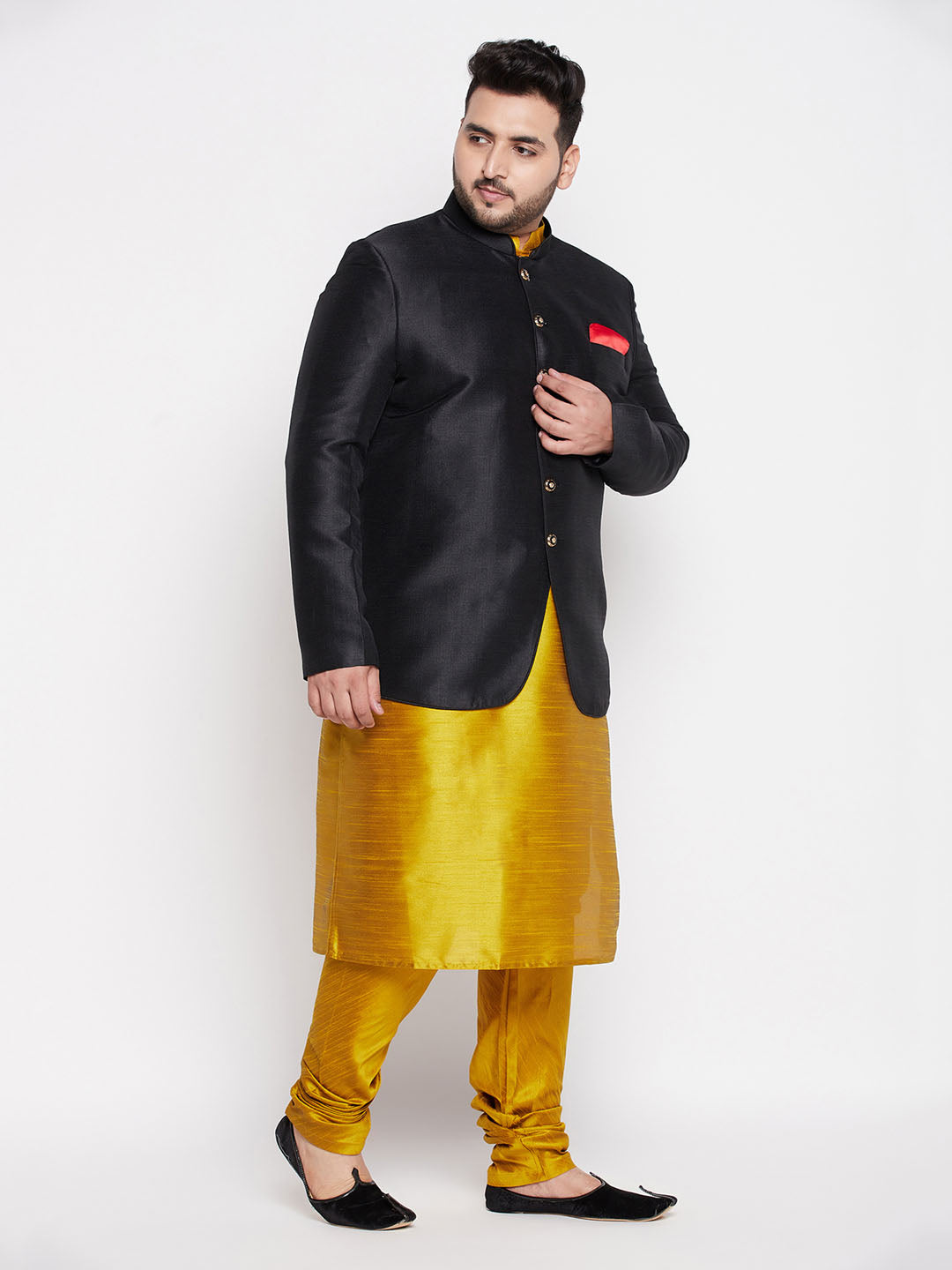 Vastramay plus size mens black silk blend jodhpuri with mustard kurta pyjama set