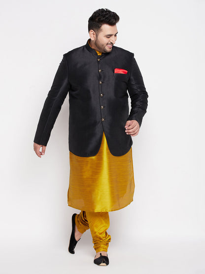 Vastramay Plus Size Men's Black Silk Blend Jodhpuri With Mustard Kurta Pyjama Set