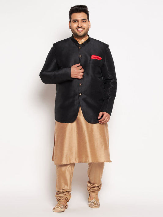 Vastramay plus size mens black silk blend jodhpuri with viscose rose gold kurta pyjama set