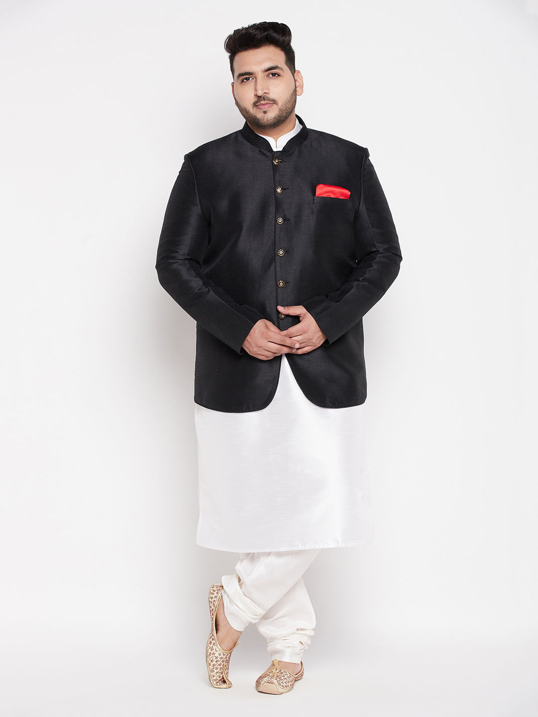 Vastramay plus size mens black silk blend jodhpuri with cotton blend white kurta pyjama set