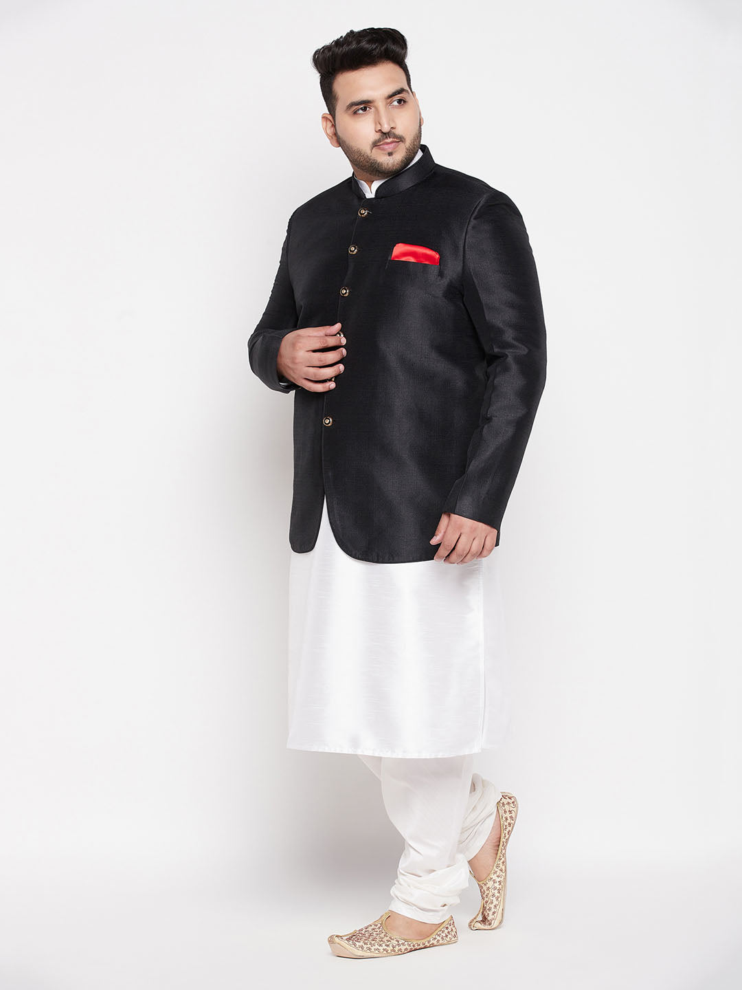 Vastramay plus size mens black silk blend jodhpuri with cotton blend white kurta pyjama set