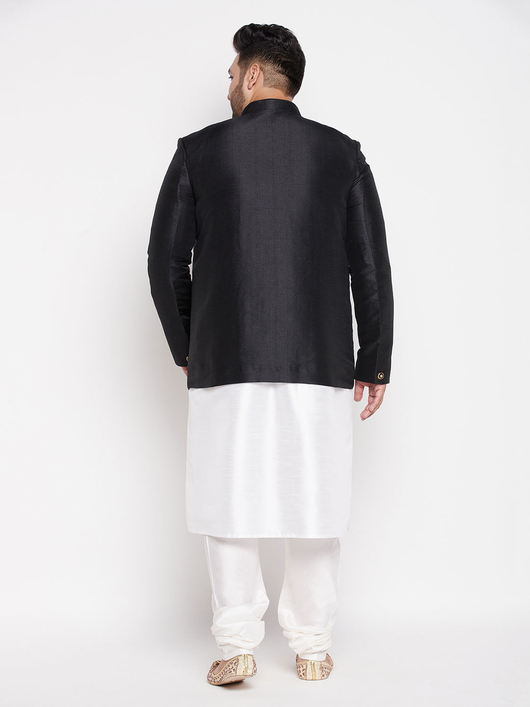 Vastramay plus size mens black silk blend jodhpuri with cotton blend white kurta pyjama set