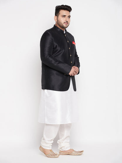 Vastramay plus size mens black silk blend jodhpuri with cotton blend white kurta pyjama set