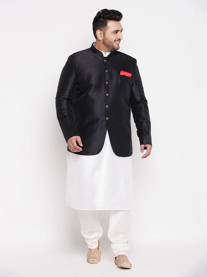 Vastramay Plus Size Men's Black Silk Blend Jodhpuri With Cotton Blend White Kurta Pyjama Set