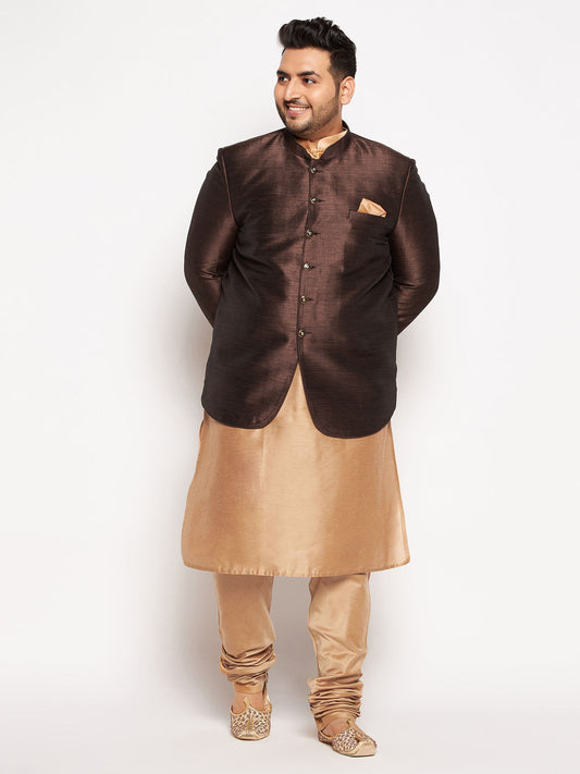 Vastramay plus size mens coffee silk blend jodhpuri with viscose rose gold kurta pyjama set