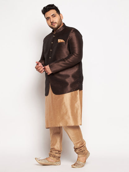 Vastramay plus size mens coffee silk blend jodhpuri with viscose rose gold kurta pyjama set