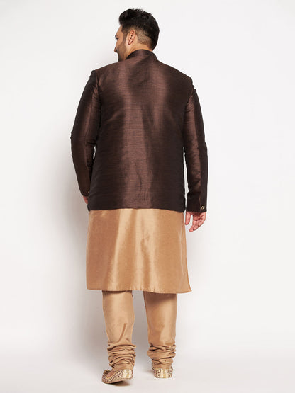 Vastramay plus size mens coffee silk blend jodhpuri with viscose rose gold kurta pyjama set