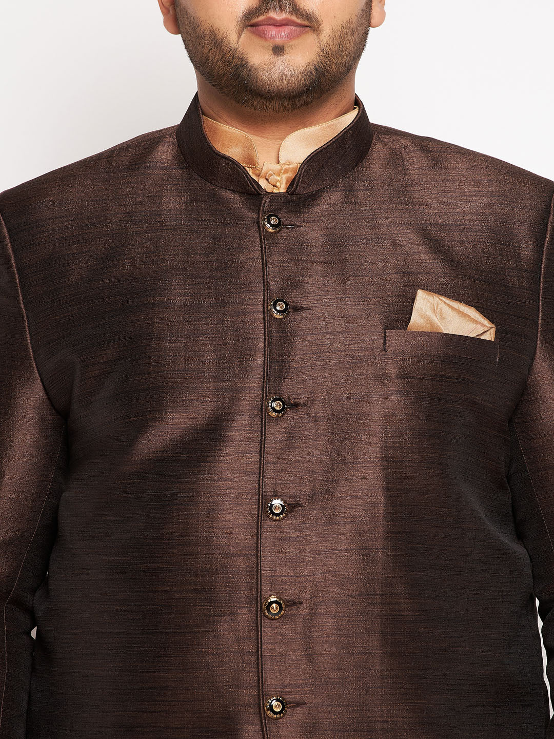 Vastramay plus size mens coffee silk blend jodhpuri with viscose rose gold kurta pyjama set