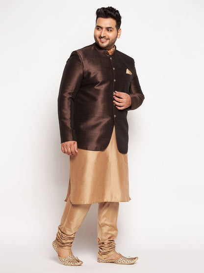 Vastramay plus size mens coffee silk blend jodhpuri with viscose rose gold kurta pyjama set