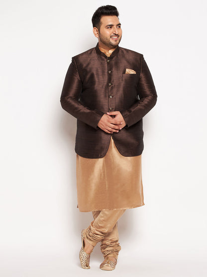 Vastramay Plus Size Men's Coffee Silk Blend Jodhpuri With Viscose Rose Gold Kurta Pyjama Set