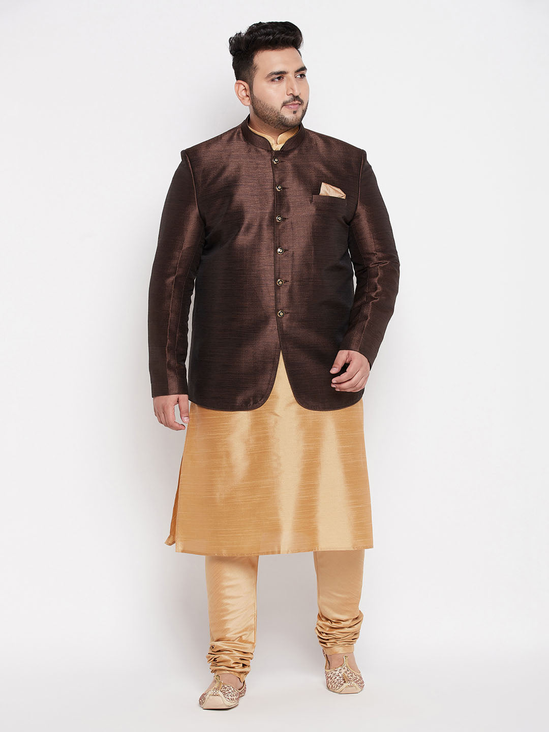 Vastramay plus size mens coffee silk blend jodhpuri with silk blend rose gold kurta pyjama set